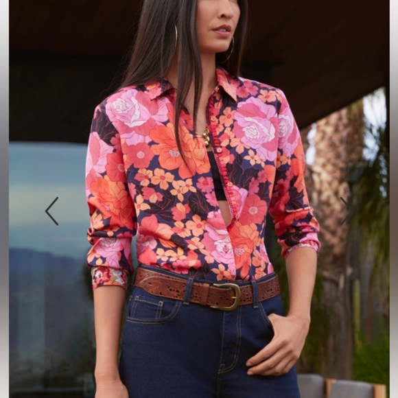 Johnny Was Tops - Johnny Was “Becca” button down blouse. 100% silk. Colorful floral print. Size XS